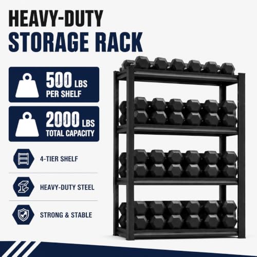 Image of Garage Shelving Heavy Duty Metal Unit 4-Tier 2000 LBS Adjustable Boltless Storage Rack, Organizer for Garage Warehouse Kitchen Basement Workshop Household Supplies, 44 inchH x 19.7 inchW x 13.8 inchD, Black