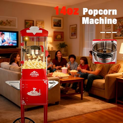 Image of Popcorn Maker with Cart - 14oz Stainless Steel Pot with Storage - Cinema Style Retro Popcorn Maker Cart with Wheels for Home Parties, Movie Theaters, Christmas Concession Equipment - Red