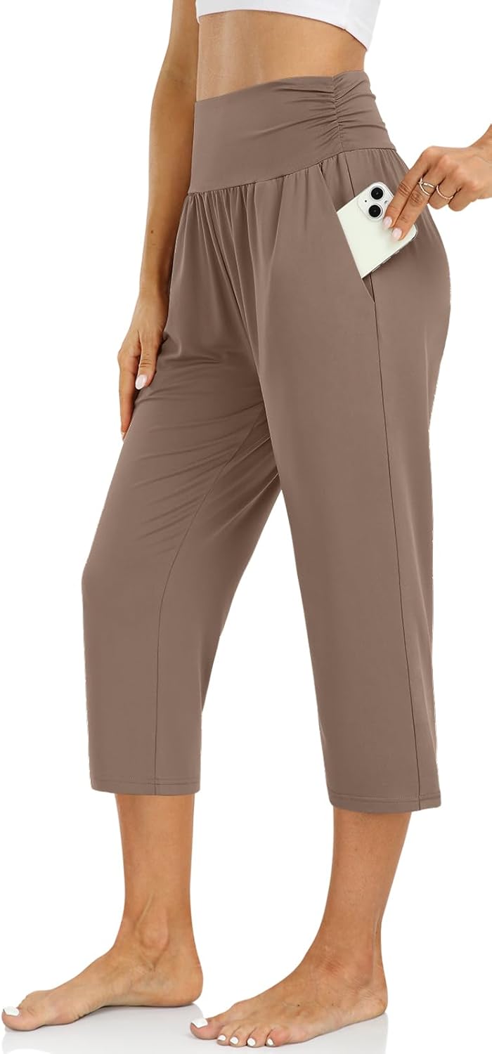 UEU Women's Capri Pants Summer Loose Yoga Pants Comfy Workout Cropprd Pants with Pockets - Image 2