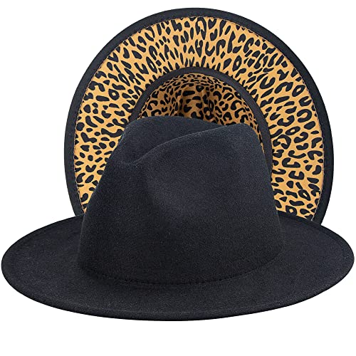 Leopard Fedora-Hat For Women Classic Two Tone Wide-Brim Panama Hat (Black Leopard, 56-58Cm/22-22.8") #TOP7