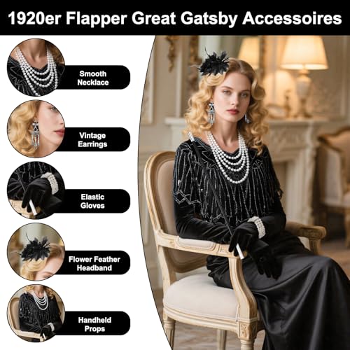 7PCS 20er Jahre Accessoires, Great Gatsby Accessoires Damen, 20er Jahre Kostüm, 1920er Flapper Great Gatsby Accessoires, Fashion Roaring 20's Theme Set für Partys, Cosplay, Tänze und Art-Deco-Anlässe