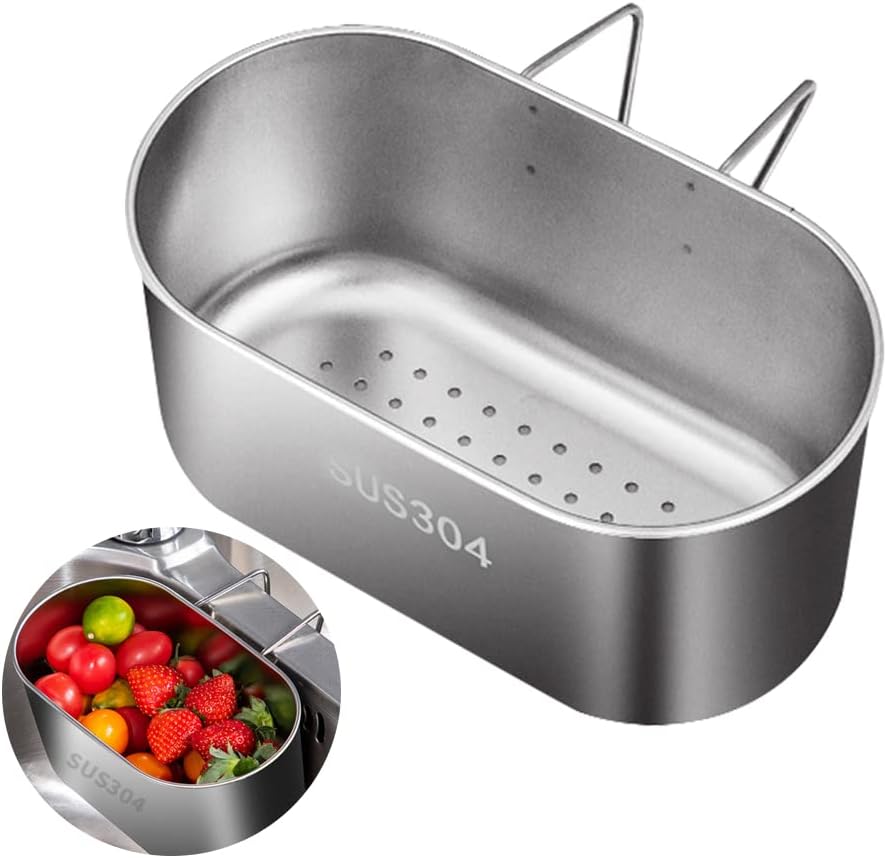 Stainless Steel Kitchen Sink Drain Basket, Fast Draining Hanging Strainer, Food Waste Filter Food Catcher, Vegetable Fruit Washer & Storage Rack for Double Sink(COLOR:Silver)