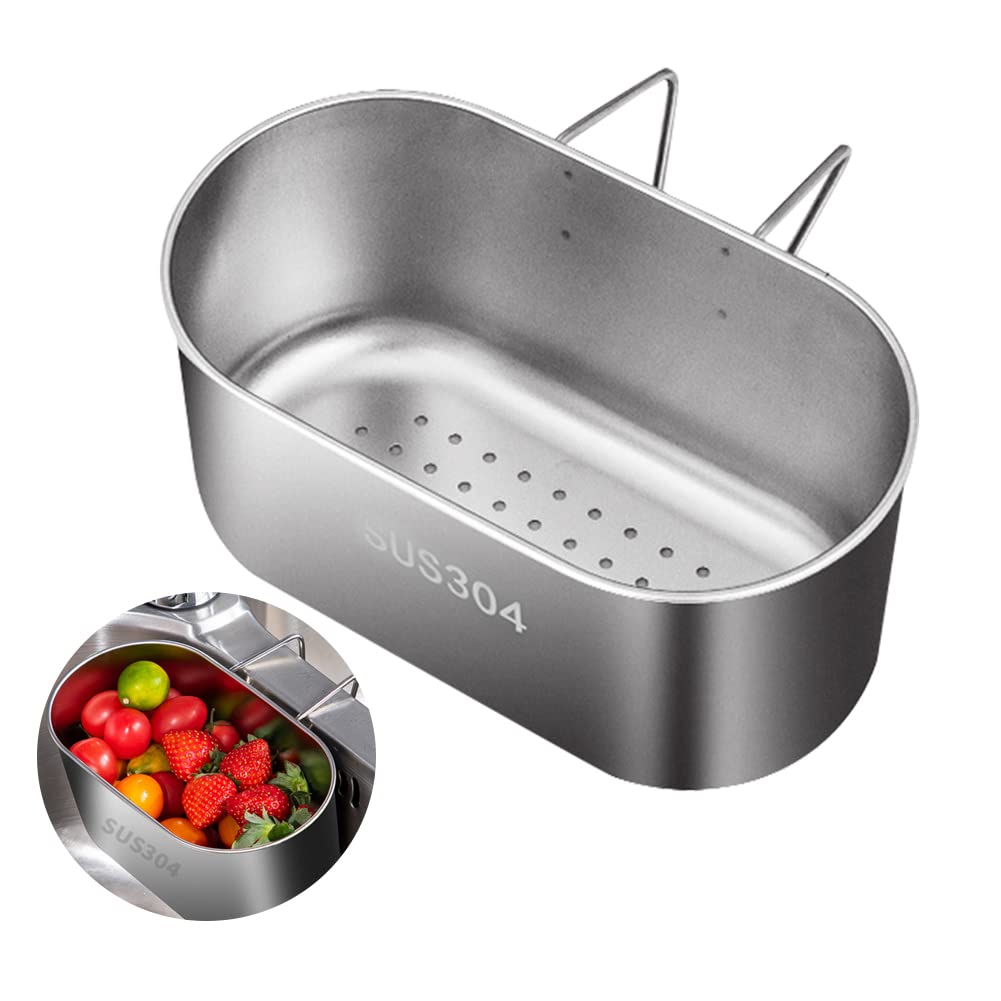 Stainless Steel Colander Basket, Kitchen Sink Drain Basket Hanging Storage Rack Strainer for Vegetables, Fruits, Kitchen Waste(Sliver)