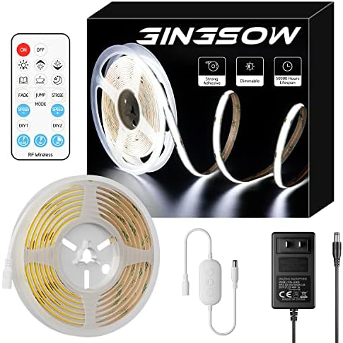 Gingsow COB LED Strip 12V, 16.4ft 1680LEDs 6000K Daylight White Dimmable LED Strip Lights with RF Remote,12V 3A/36W Power Supply Flexible LED Tape Light for TV Kitchen Cabinet DIY Lighting Projects