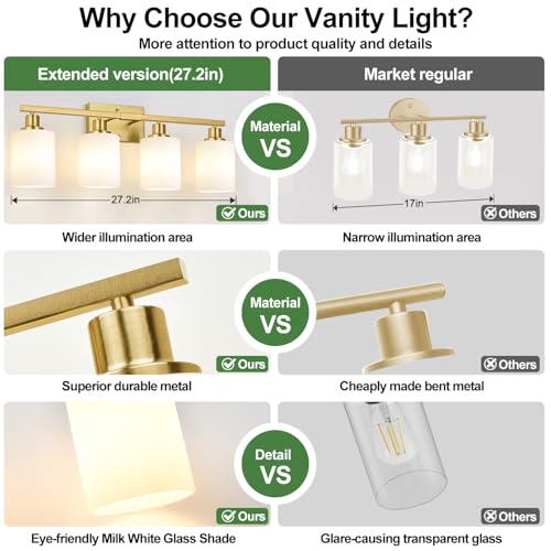 Image of MOKATNG 4-Light Bathroom Light Fixtures, Brushed Gold Vanity Light with Milky White Shades, Bathroom Lighting Fixtures Over Mirror, Modern Bathroom Wall Lamp for Mirror Living Room Cabinet Bedroom