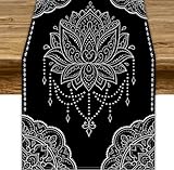 JanJCurt Lotus Flower Table Runner, Bohemian Ethnic Oriental Mandala Black White Floral Print Table Runner for Home Kitchen Dining Indoor Outdoor Dinner Party Decor, 13x36inch