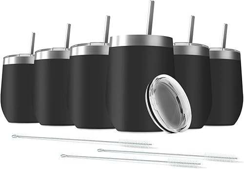 Deitybless Paquete de 6 vasos de vino de acero inoxidable de 12 onzas con tapas, doble pared aislada al vacío, taza de viaje que incluye 6 popotes,