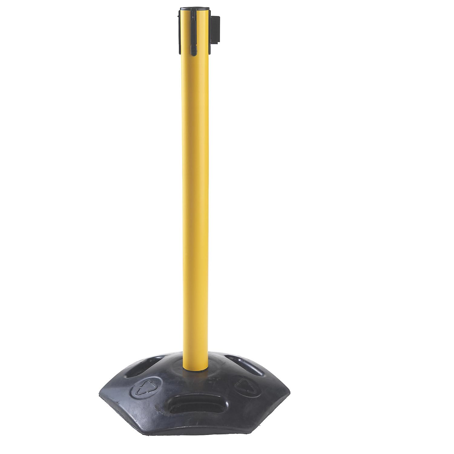 Certeo | Lot de 2 potelets de délimitation à Sangle | Avec pied en caoutchouc dur, tiroir 3700 mm, potelet jaune, sangle jaune / noir