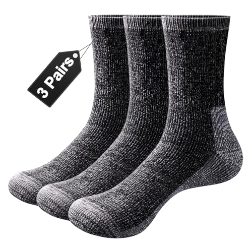 YUEDGE Mens Cozy Fleece Black Wool Outdoor Hiking Casual Athletic Crew Socks for Men Size 9-11, Sweat Wicking Odour Free Everyday Work Socks, 3 Pairs