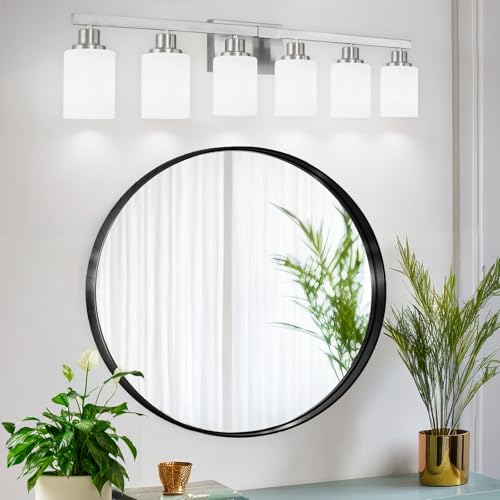 Image of 6-Light Bathroom Vanity Light Nickel Bathroom Vanity Lights 36.8in | White Frosted Ribbed Glass Shade Wall Sconce Lighting Wall Lights Bath Vintage Wall Mounted Lamps for Mirror E26 Base