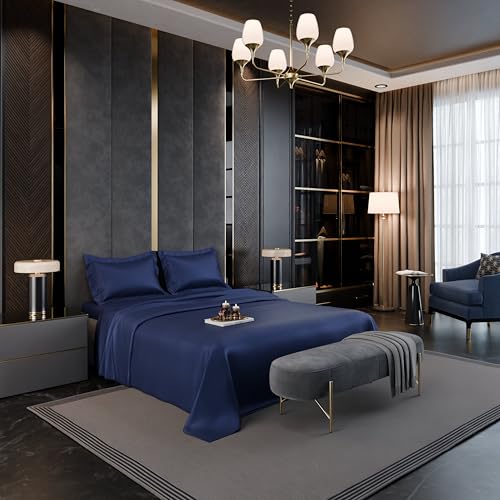 Image of Stoa Paris 350TC Luxstre Cotton Super King Flat Bedding Set for King & Double Size Beds with 2 Pillow Covers, 274cm x 274 cm Bedsheet, All-Season Comfort, Breathable, Home Decor, Panache - Navy