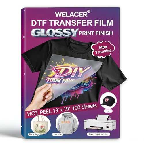 Welacer DTF Transfer Film 13x19 inch 100 Sheets Glossy Transfer Finish Double-Sided Coated PET Film Hot & Cold Peel Compatible
