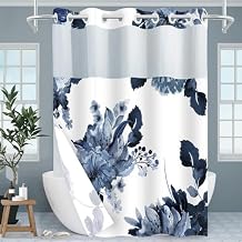 No Hook Shower Curtain and Liner Set, Blue Floral Shower Curtains for Bathroom, Modern Hotel Bathroom Curtain Sets with Snap in Liner, 71x74 Inches
