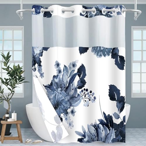 SSCRCUSLY No Hook Shower Curtain and Liner Set, Blue Floral Shower Curtains for Bathroom, Modern Hotel Bathroom Curtain Sets with Snap in Liner, 71x74 Inches