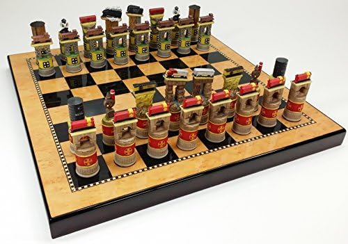 Santa Fe Trains Steam vs Diesel Train Engine Chess Set W/ 15" High Gloss Dark Walnut & Birdseye Maple Color Board