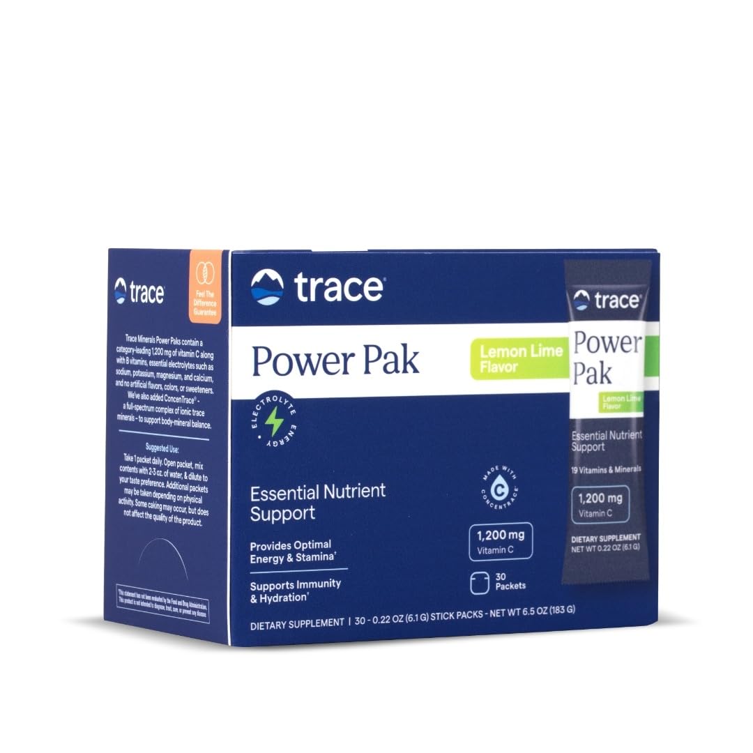 Trace MineralsPower Pak Multivitamin and Multimineral Packets - Electrolyte Support - 1200 mg Vitamin C plus 70+ Trace Minerals - Lemon Lime Flavor - 30 Packets