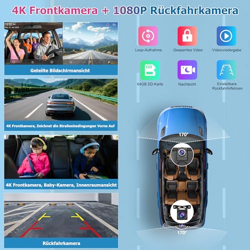 Carpuride Tragbares Kabelloses Carplay und Android Auto mit Dashcam-W125A 11,26-Zoll-HD-IPS-Bildschirm, 4K-Frontkamera + 1080P-Rückkamera, Loop-Aufnahme, Bluetooth-Audio, GPS, Siri, Musik – Bild 4