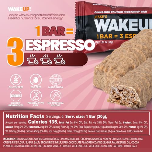 Image of WAKE UP! Caffeinated Cinnamon Crunch Energy Bars - 350mg Caffeine Per Bar (3 Espressos) - Coffee Alternative for Extreme Energy & Focus - Vegetarian, Gluten-Free, Kosher - 6 Pack