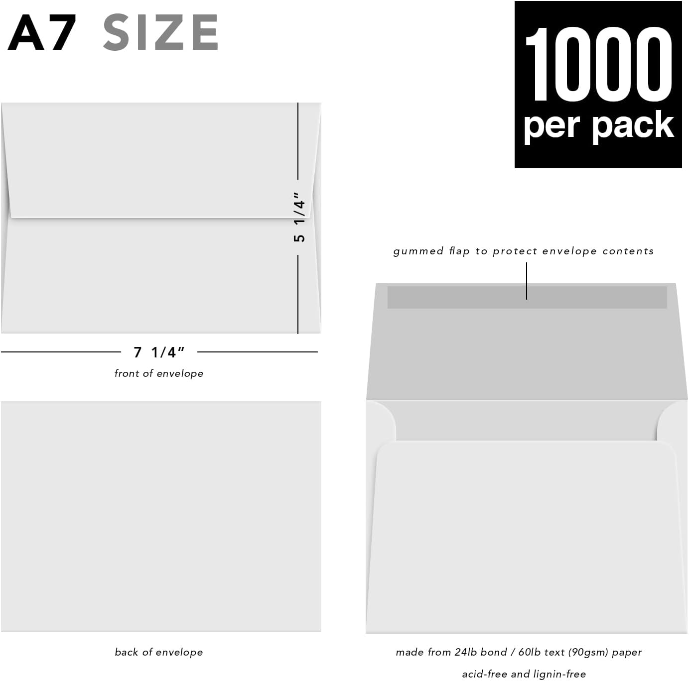 White A7 Envelopes – Perfect for 5 x 7 Greeting Cards, Wedding Invitations, Postcards, Photos | Gummed Square Flap | Bulk Pack of 1000 Envelopes | 5 1/4" x 7 1/4"