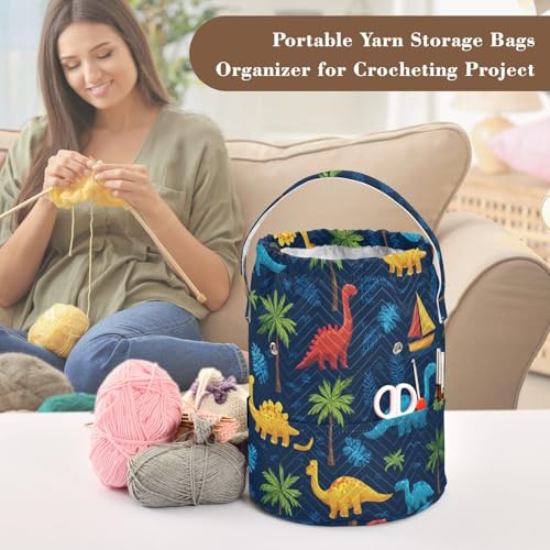 Image of Tatenale Crochet Bag Yarn Bag Knitting Project Bag with Pockets and Handle Portable Yarn Storage Organizer Tangle Free 8.3x11 InchTropical Leaves and Multicolored Dinosaurs34