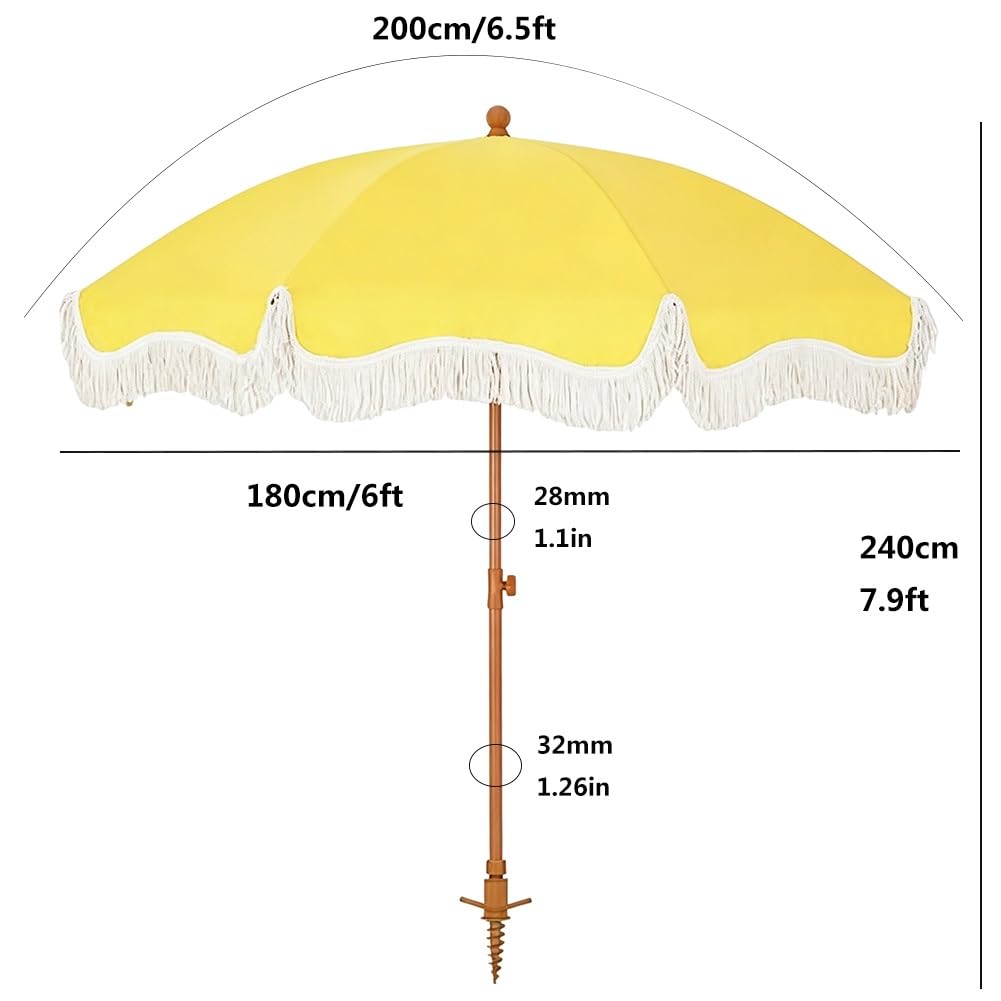 Żółty Parasol Plażowy 200 cm z Kotwicą do Piasku, Parasol Ogrodowy z Frędzlami, Przycisk Nachylenia i Słupkiem o Regulowanej Wysokości