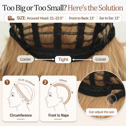 Image of Nnzes Blonde with Light Brown Wig with Bangs for Women Shoulder Length Bob Wavy Charming Synthetic Wigs with Natural Curly Heat Resistant Hair