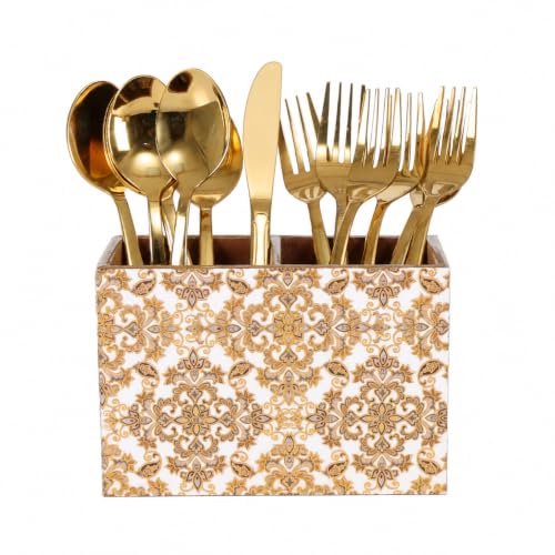 Image of Wooden Spoon Holder for Dining Table | 2-Section Cutlery Storage Box | Kitchen Utensil Organizer with Elegant Gold Pattern | Multipurpose Tabletop Stand | 10 x 16 x 12 cm (Gold Design)