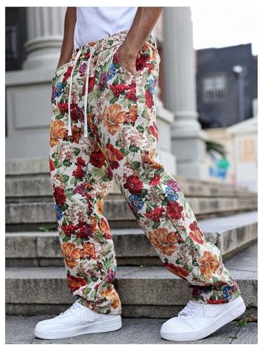 GORGLITTER Men's Floral Embroidery Pants Boho Drawstring Waist Straight Leg Trousers with Pockets2