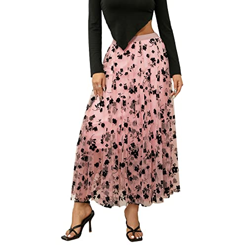 Women's Midi Length Skirt 3D Layered Floral Printed Elastic Waist Tulle Midi Skirts