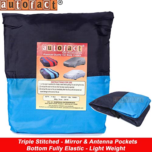 Image of Autofact Car Body Cover for Maruti Swift (2018 /2019) with Mirror and Antenna Pocket (Light Weight, Triple Stitched, Heavy Buckle, Bottom Fully Elastic, Teak Blue Stripes with Navy Blue Color)