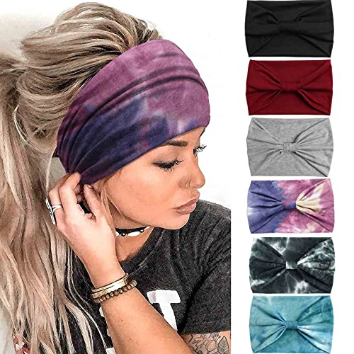 Olbye Wide Headbands Women Knotted Headband Non Slip Elastic Hair Bands Tie Dye Turban Head Wraps Workout Yoga Sports Sweatbands Boho Headbands For Women Fashion Hair Accessories Pack Of 6 (Pattern A) #TOP2
