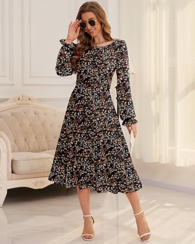 Image of CYiNu Women's Midi Dresses Long Sleeve Crew Neck Flowy Casual Floral Boho Tiered Chiffon Smocked Elegant Dress