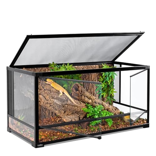 Terrario de cristal para reptiles con ventilación de pantalla superior y tapa antiescape, vista de 360°, entradas de alambre integradas para tortugas, lagartos, camaleones