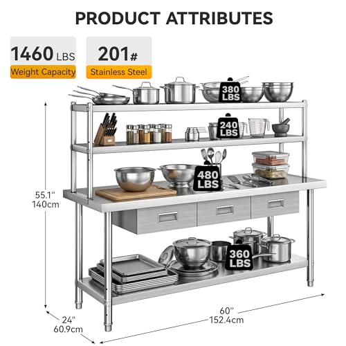 Image of DWVO 60x24in Stainless Steel Table with Adjustable Overshelf & 3 Drawers | NSF Metal Prep Worktable for Kitchen Restaurant Hotel Garage Warehouse Home Commercial