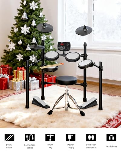 AiJoy Electric Drum Set with Quiet Mesh Pads, 5 Drums, 3 Cymbals, Dual-Zone Snare, USB MIDI, Intelligent Sound Module, Drum Throne, Headphones, Sticks, 25 Kits & 195+ Sounds for Beginners & Adults