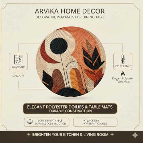 Image of Decorative Round Placemats for Dining Table (15 Inch, Set of 4) | Elegant Doilies & Table Mats | Washable, Non-Slip, Heat Resistant, Kitchen & Living Room| Floral (Light org, Set of 4)