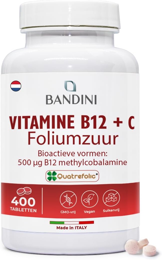 Bandini® Vitamine B12 en foliumzuur met hoge dosis vitamine C, 400 tabletten (+1 jaar), Bioactieve vormen Methylcobalamine en Quatrefolic, 1000 mcg, Veganistisch, Energie en vitaliteit