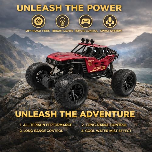 Image of RC Rock Crawler Car 2WD | Off-Road Remote Control Monster | Smoke Effect | Auto Mode | Alloy Body | Rechargeable Battery| Durable Suspension | Standard Size for Kids 6+ & Adults | Red