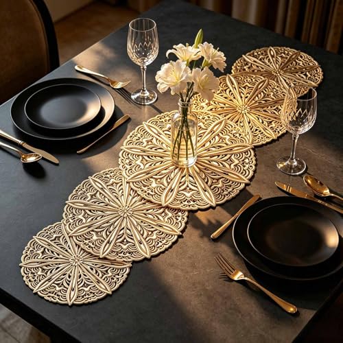 yuboo Gold Table Runner 36 Inches Flower Dining Table Runner Vinyl Waterproof Washable for Wedding Banquets Birthday Party Restaurant and Daily Decor