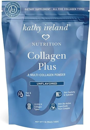 Kathy Ireland - Péptidos de proteína de colágeno múltiple en polvo, tipos I, II, III, V, X, sin sabor, 0.71 oz de proteína por porción, bovino,