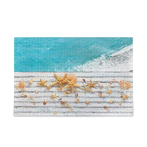 Mnsruu Rompecabezas de madera blanca con diseño de estrella de mar, conchas marinas, océano, playa, juegos creativos, 1000 piezas, regalo para adultos y niños