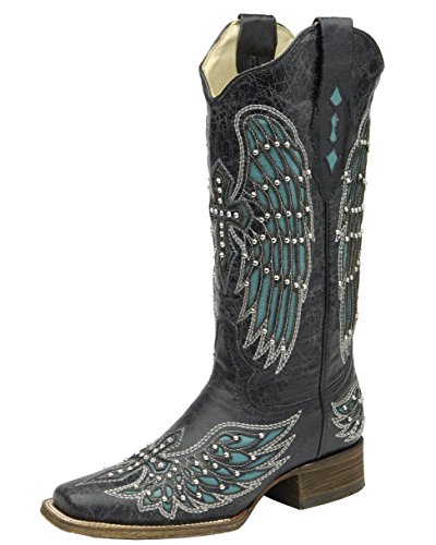 Corral Women's Turquoise Wing Inlay and Crystal Studded Cross Embroidered Square Toe Cowgirl Boots A1142 (6.5 B(M) US) - Main Image