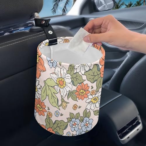 Image of Collapsible Portable Green Car Trash Can With Bags - Flowers & Leaves - Interior Universal