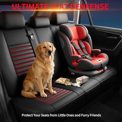 Image of Fit Canyon Car Seat Covers (5 Seats Full Set) Compatible with GMC Canyon 2015-2025 2026-Full Coverage Breathable Leather, Airbag Compatible, Waterproof & All-Weather, Black+Red