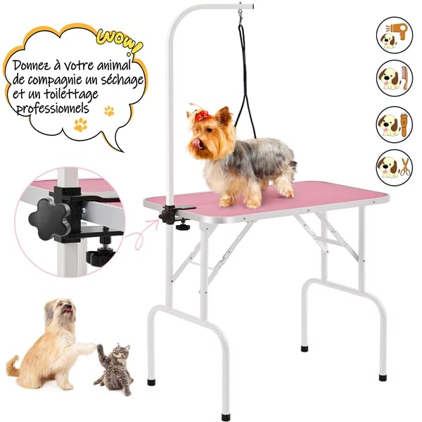 Abician Table de Toilettage pour Chien/Chat/Animaux Table de Toilettage Portable avec Potence Réglable Sangle Plateau Antidérapant 80,5× 46 × 76 cm Charge Maximale de 100 kg Rose