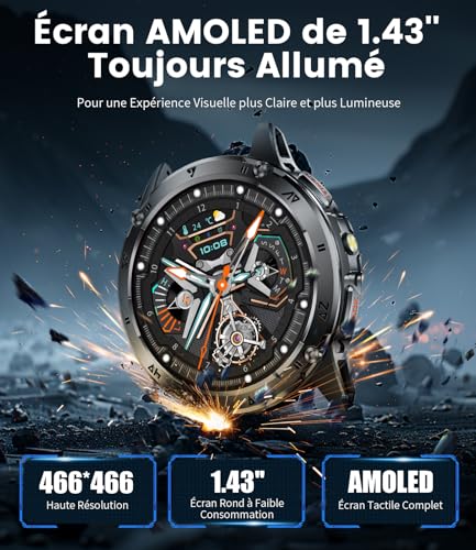 LIGE Montre Connectée Homme Militaire avec lumière LED,1,43" AMOLED Montre Sport,Smartwatch Noire avec 130+ Modes Sportifs/Étanchéité IP68/Fréquence Cardiaque/Compteur,Montre Homme pour iOS et Android – Image 5
