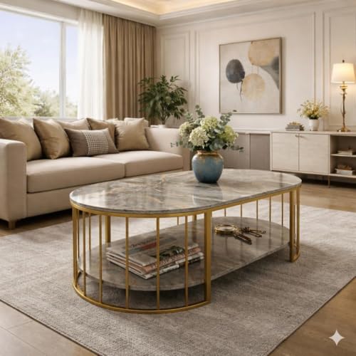 Image of Shoppee Rectangular Coffee Table Modern 2-Tier Center Table with Marble Finish Top Gold Metal Frame Stylish Sofa Table Elegant Cocktail for Living Room /Drawing /Dining Room (Gold & Grey)