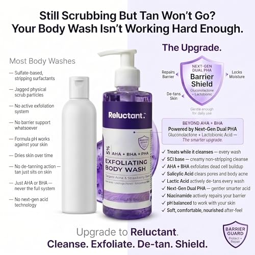 Image of 5% Dual PHA, Salicylic & Lactic Acid Barrier-Repair Detan Body Wash 250ml | Niacinamide & Gentle SCI | Bodywash for Women & Men | Hydrates & Protects Barrier, Clears Acne & Strawberry Legs, Reduces Dark Spots & Evens Tone | Shower Gel for Sensitive to Normal Skin