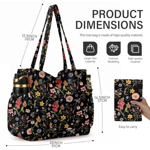 Corduroy Tote Bag for Women,Large Capacity Cute Tote Bags With 6 Pockets,Crossbody Shoulder Handbag for Work Travel Gym (Black Retro Floral) - image 5