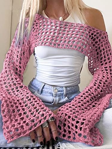 Image of PICPUNMAK Women Grunge Crochet Knit See Through Crop Tops Cover Up Shrug Long Sleeve Crew Neck Casual Cropped Smock Top Pink